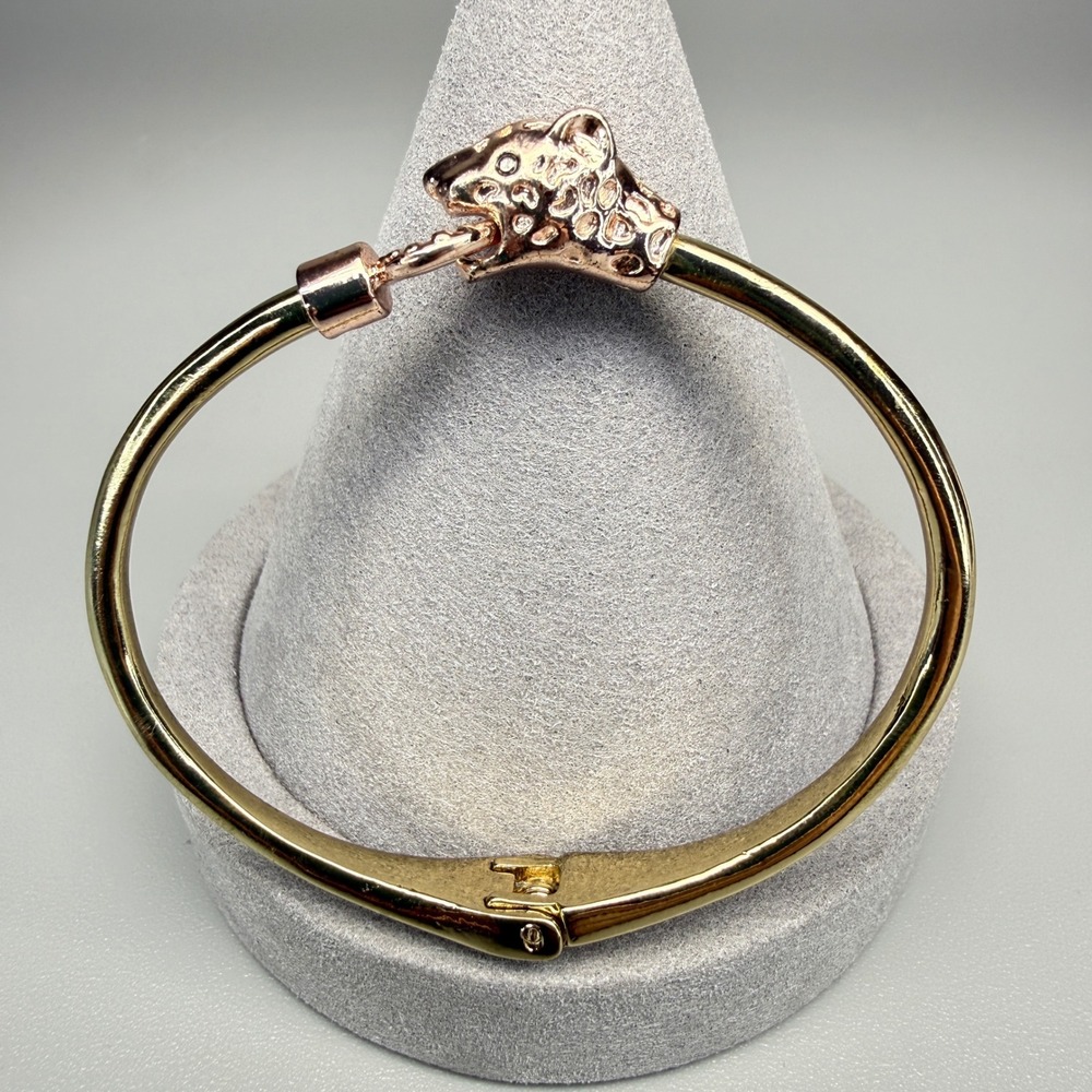 Vintage Bangle Bracelet Leopard Head Rose and Gold Tone 6.75" Animal Motif READ